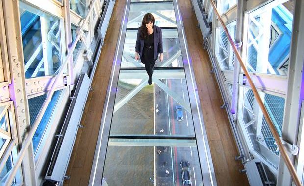 Glass bottle and stiletto shatters glass of Tower Bridge walkway