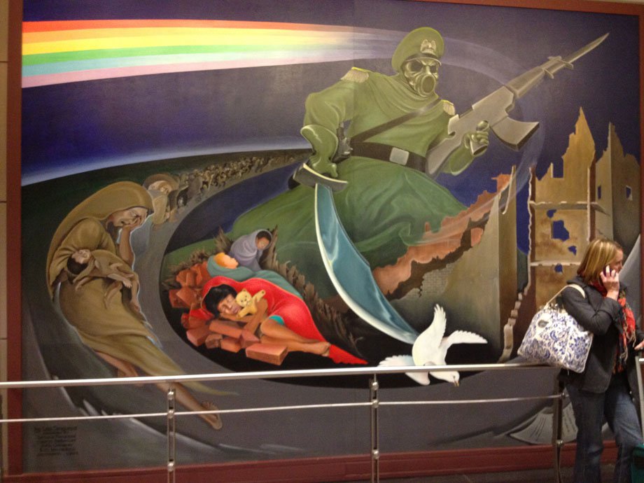 Denver International Airport picture depicting the Lord of Death, brandishing an AK-47, killing the dove of peace. 