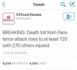 Bot auto Tweet with Paris Attack foreknowledge? If not, this sure is a highly improbable and eerie coincidence … 