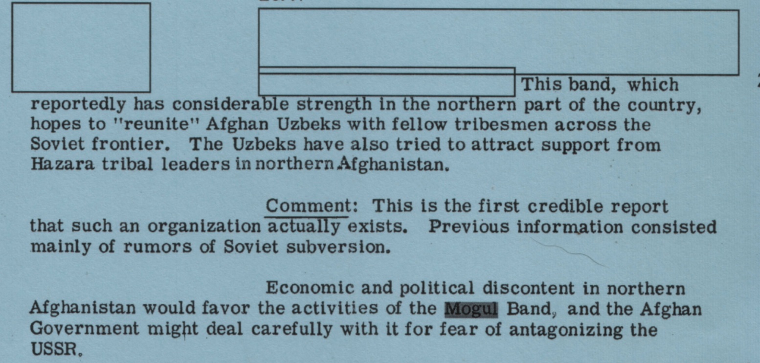 The reference to the Mogul Band is the earliest example of the CIA using external Muslim forces against the Soviet Union
