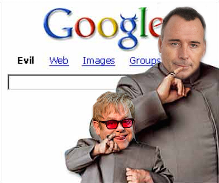 Google has blocked dozens of search links that contain references to the ‘celebrity threesome’ following legal requests from lawyers representing Elton John and husband David Furnish