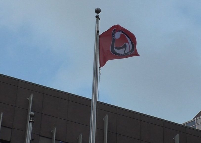 Leftist protestors stormed a government building in Minnesota on Monday, lowering and partially burning an American flag before hoisting an Antifa flag in its place.