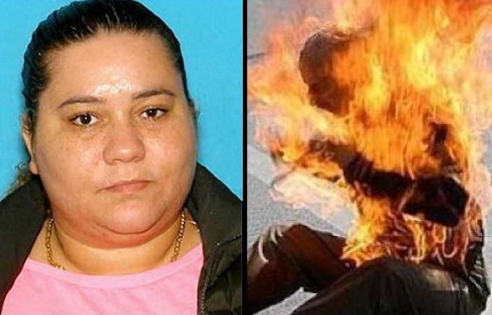 A woman has been arrested after throwing gasoline over her pedophile husband and lighting him on fire after catching him molest her young daughter.