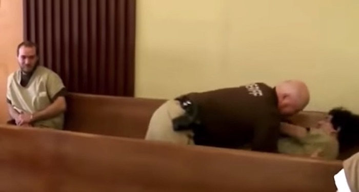 Inmate Josiah Davies thought the judge was too lenient in sentencing a convicted pedophile, so he took matters into his own hands - even though he was handcuffed.