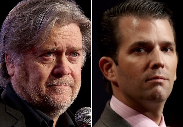 Donald Trump Jr. is "unpatriotic" and "treasonous" according to Steve Bannon, who also warned Jared Kushner will be going to jail.