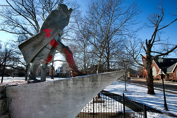 Hillary Clinton supporters have been filmed defacing statues of Christopher Columbus in New Jersey, during the weekend of the women's march.