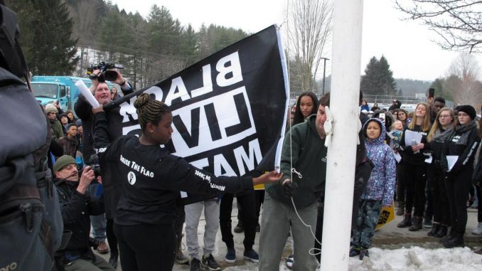 Race-baiting domestic terrorist organization Black Lives Matter have been allowed to hijack a high school in Vermont, by raising their flag and entering the classrooms to indoctrinate the students. 