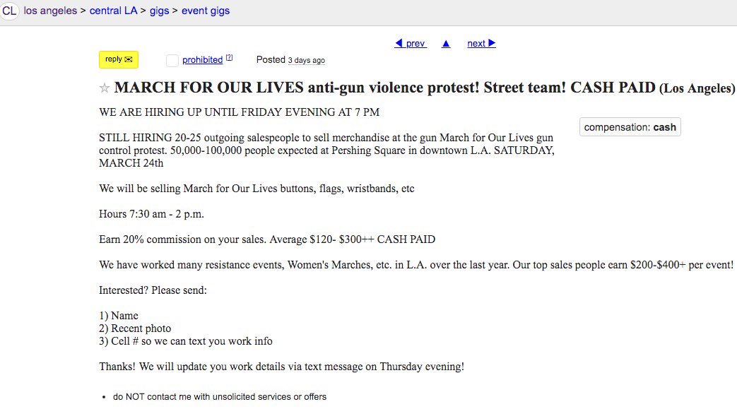 Craigslist ad for MarchForOurLives protestors