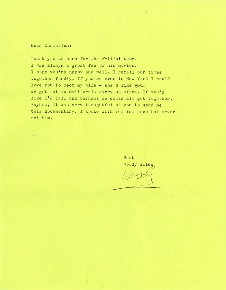 A 2001 letter Allen sent to Engelhardt thanking her for a copy of a documentary about Federico Fellini in which she appeared.