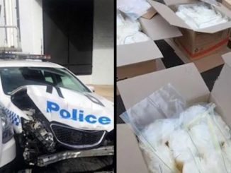 A van jammed with $140m worth of crystal meth crashed into a police car parked outside a police station in Australia yesterday.