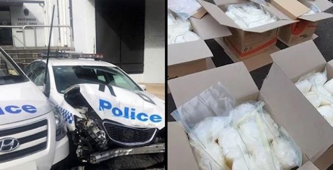 A van jammed with $140m worth of crystal meth crashed into a police car parked outside a police station in Australia yesterday.