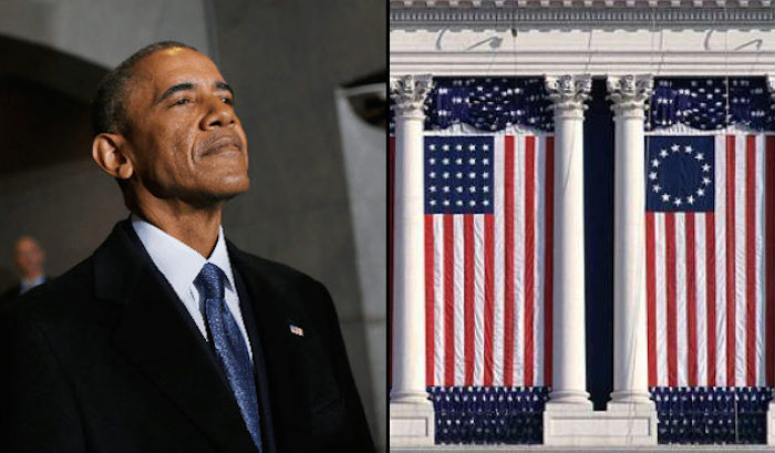 The 'offensive' Betsy Ross flag was prominently displayed during former President Barack Obama's second inauguration ceremony in 2013.