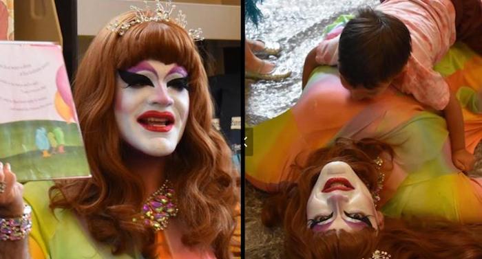 Children have been photographed lying on top of men dressed as women at a "Drag Queen Story Time" event in Portland, Oregon.
