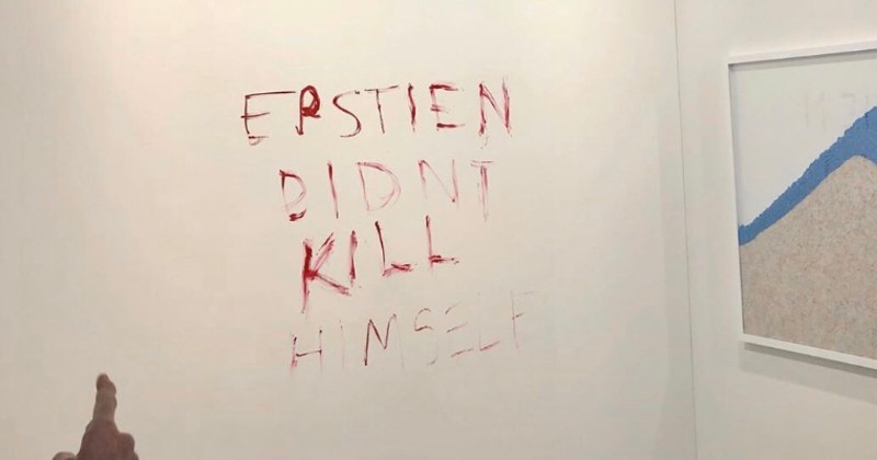 Pretentious duct-taped banana art replaced with Epstein didn't kill himself sign