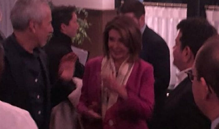 After ignoring a phone call from the Vice President Pence in the middle of an international crisis, House Speaker Nancy Pelosi was spotted partying with D.C. elite at a swanky new restaurant's opening.