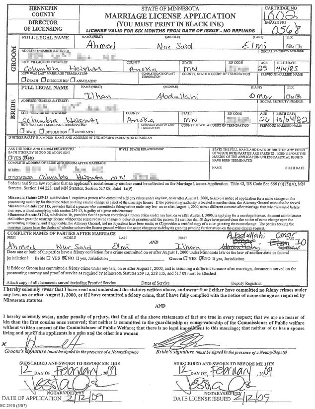 Elmi and Omar married on February 12, 2009 at a Hennepin County office in Eden Prairie, Minnesota, southwest of Minneapolis, their license shows. The marriage was conducted by Christian minister Wilecia Harris. When DailyMail.com approached her last year, she would not discuss the ceremony or why a Muslim couple would have asked her to marry them