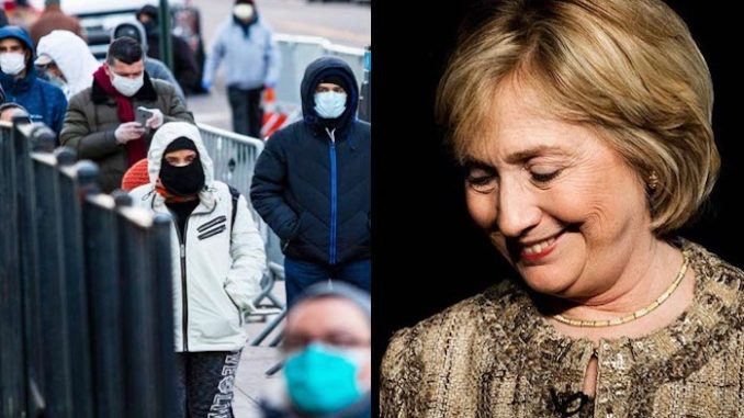 Hillary Clinton appeared smug about the number of sick and dead Americans on Friday, using the growing number of coronavirus cases in the U.S. as a punchline in a joke about President Trump.
