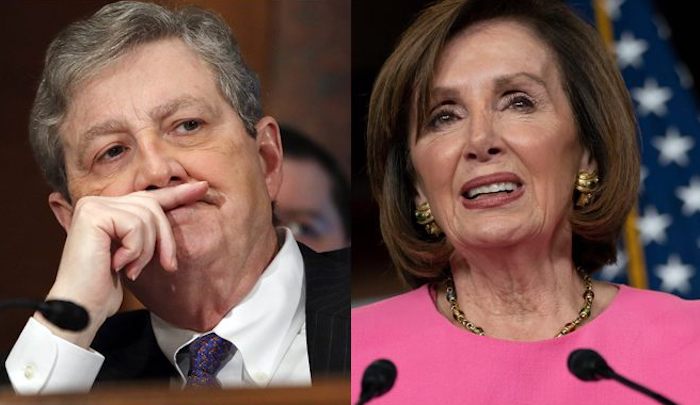 Sen. John Kennedy (R-LA) says Republicans tried to work with House Speaker Nancy Pelosi on the latest coronavirus relief bill, but the bipartisan venture was unsuccessful because "we can't get our heads that far up our rear ends."