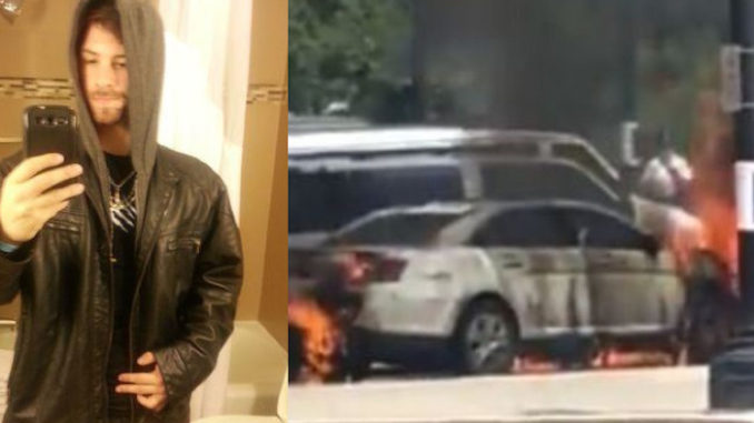 A dangerously violent left-wing radical who appears to worship Satan has been admitted to hospital with third-degree burns after setting himself on fire while torching a police car at the US Supreme Court.