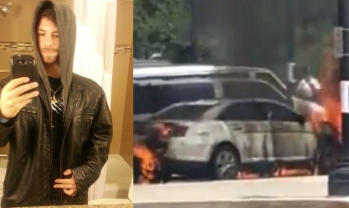 A dangerously violent left-wing radical who appears to worship Satan has been admitted to hospital with third-degree burns after setting himself on fire while torching a police car at the US Supreme Court.