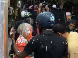 Violent Antifa rioters in Portland attacked an elderly woman who was using a walker after she attempted to stop the rioters burning down the East Precinct building of the Portland Police Department.