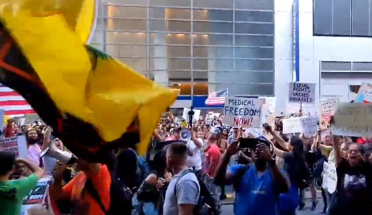 Protestors demonstrate against vaccine mandate outside New York Times HQ