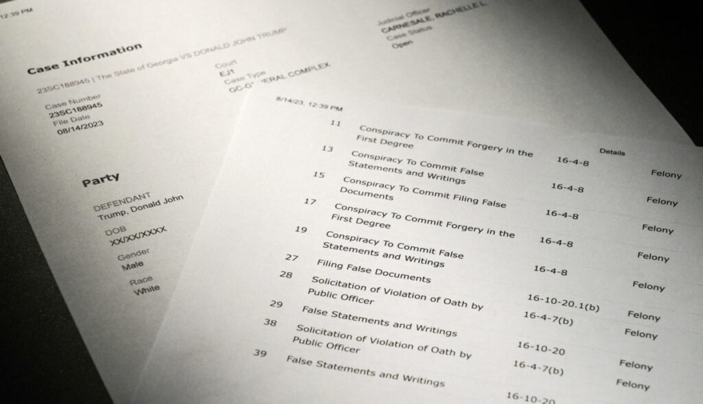 A document posted and then taken down from the Fulton County, Georgia court website shows potential charges against former President Trump